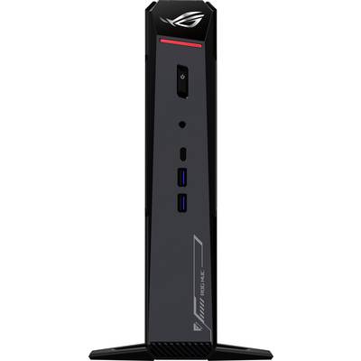 En snygg, svart spelkonsol med en strömbrytare, USB-portar och ROG-logotypen, som står upprätt mot en vit bakgrund.