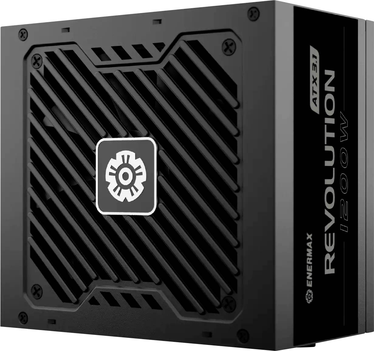 En svart Enermax ATX 3.1 nätaggregat märkt 'Revolution i2000W' med en logotyp på sidan, utrustad med en ventilerad frontpanel.
