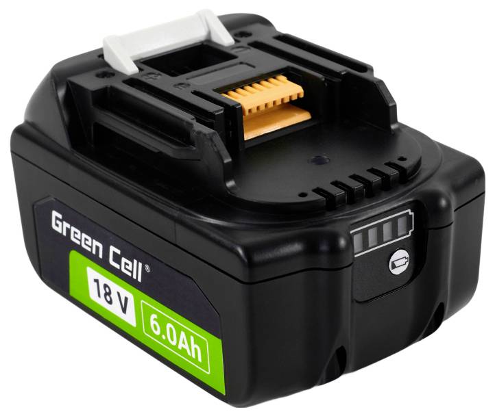 Batteri märkt 'Green Cell' med '18V 6.0Ah' kapacitet, svart hölje, laddningsindikator, anslutningar på ovansidan.