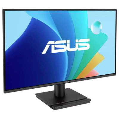 En svart ASUS-datorskärm som visar en färgglad abstrakt design på skärmen med ASUS-logotypen i vitt över mitten.