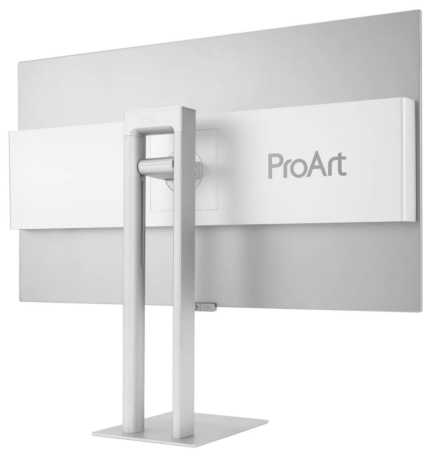 En elegant silvermetallic datorskärm märkt 'ProArt', utrustad med ett robust vinkligt stativ, sedd från baksidan.