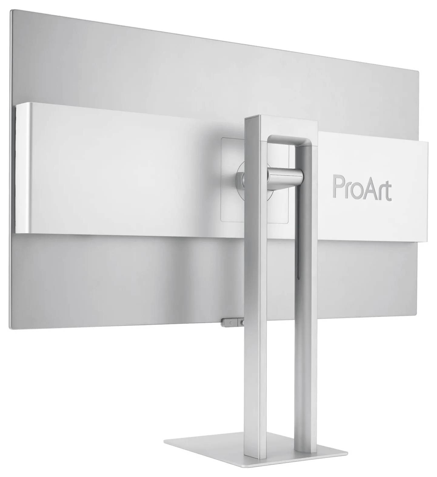 En silver datorskärm sedd från baksidan, som visar ett justerbart stativ och varumärkesnamnet 'ProArt' på bakpanelen.