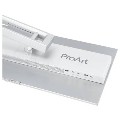 Bilden visar baksidan av en skärm med 'ProArt' varumärke, som uppvisar anslutningsportar inklusive USB och HDMI, och ett elegant stativ.