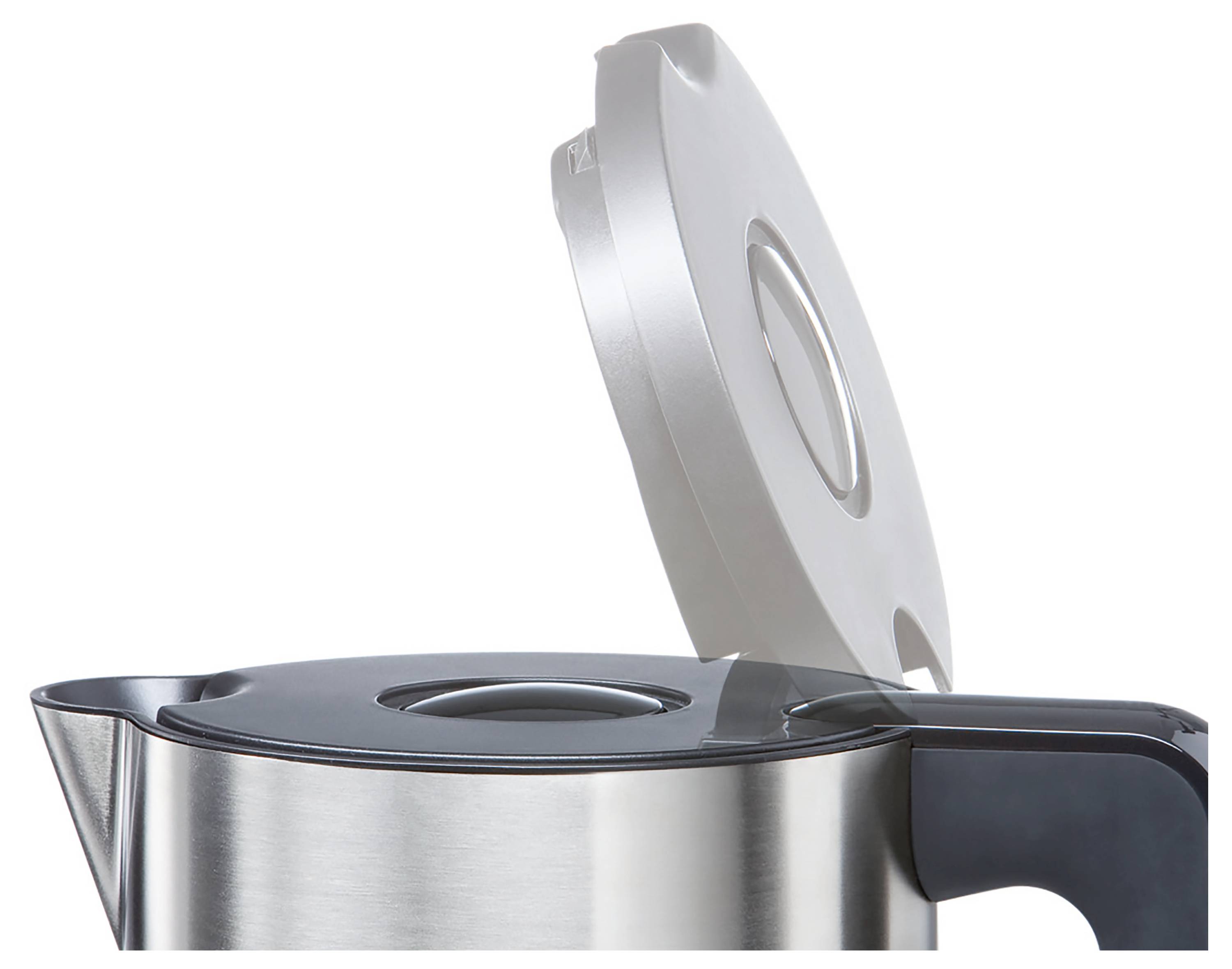 Rostfri vattenkokare med öppet lock, där insidan är synlig.