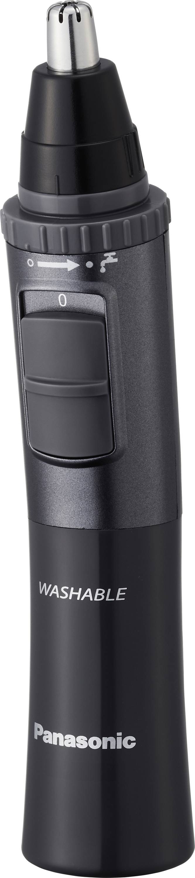 Panasonic tvättbar näs- och öronhårstrimmer med svart hölje, strömbrytare och justerbara inställningar.
