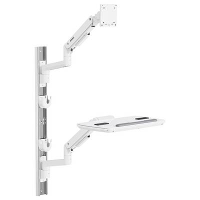 Justerbart vägghängt armsystem med tangentbordshylla och monitorhållare, utvecklat för ergonomisk arbetsplatsflexibilitet och yteffektivitet.