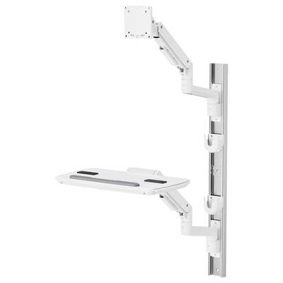 Väggmonterad justerbar arbetsstation med vit tangentbordshylla och VESA-fäste för skärm. Designad för ergonomisk användning i olika miljöer.