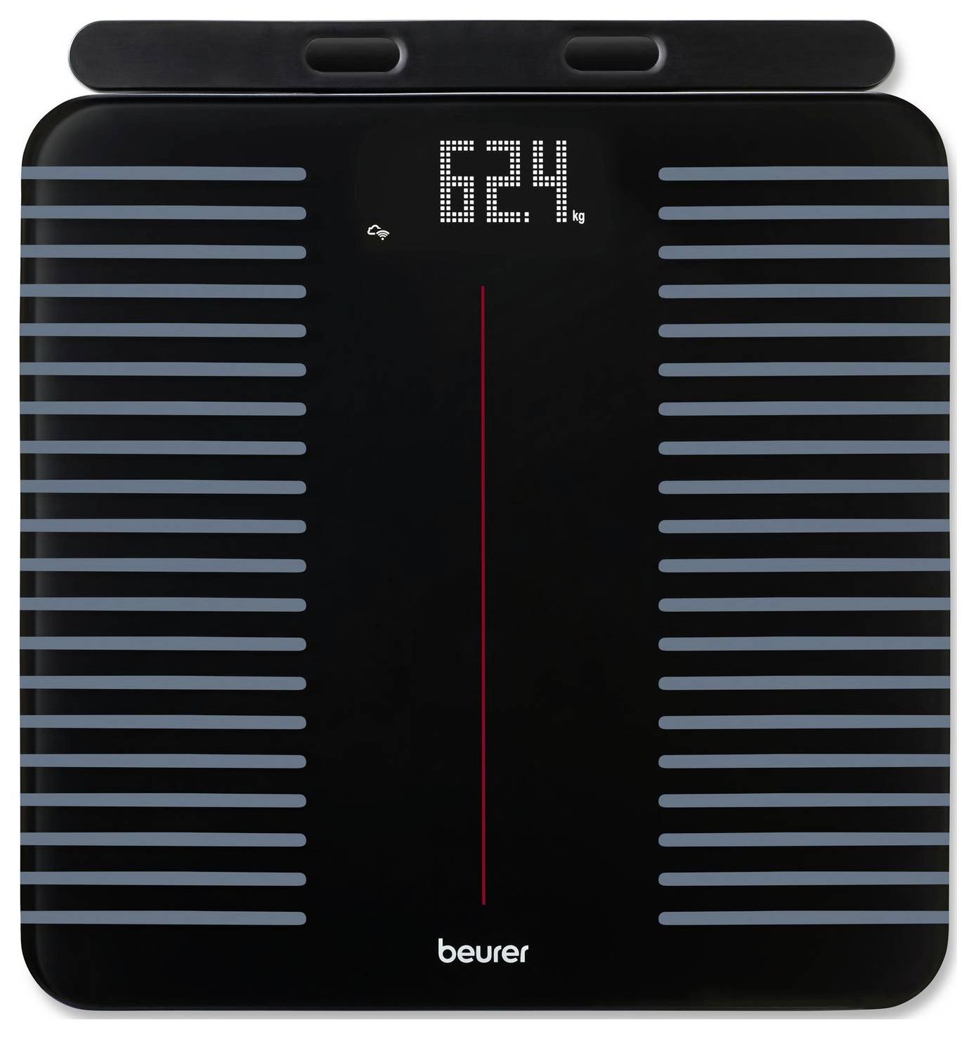 Digital badrumsvåg som visar '62,4 kg' på en svart yta med blå ränder och en röd vertikal linje. Varumärket 'beurer' synligt.