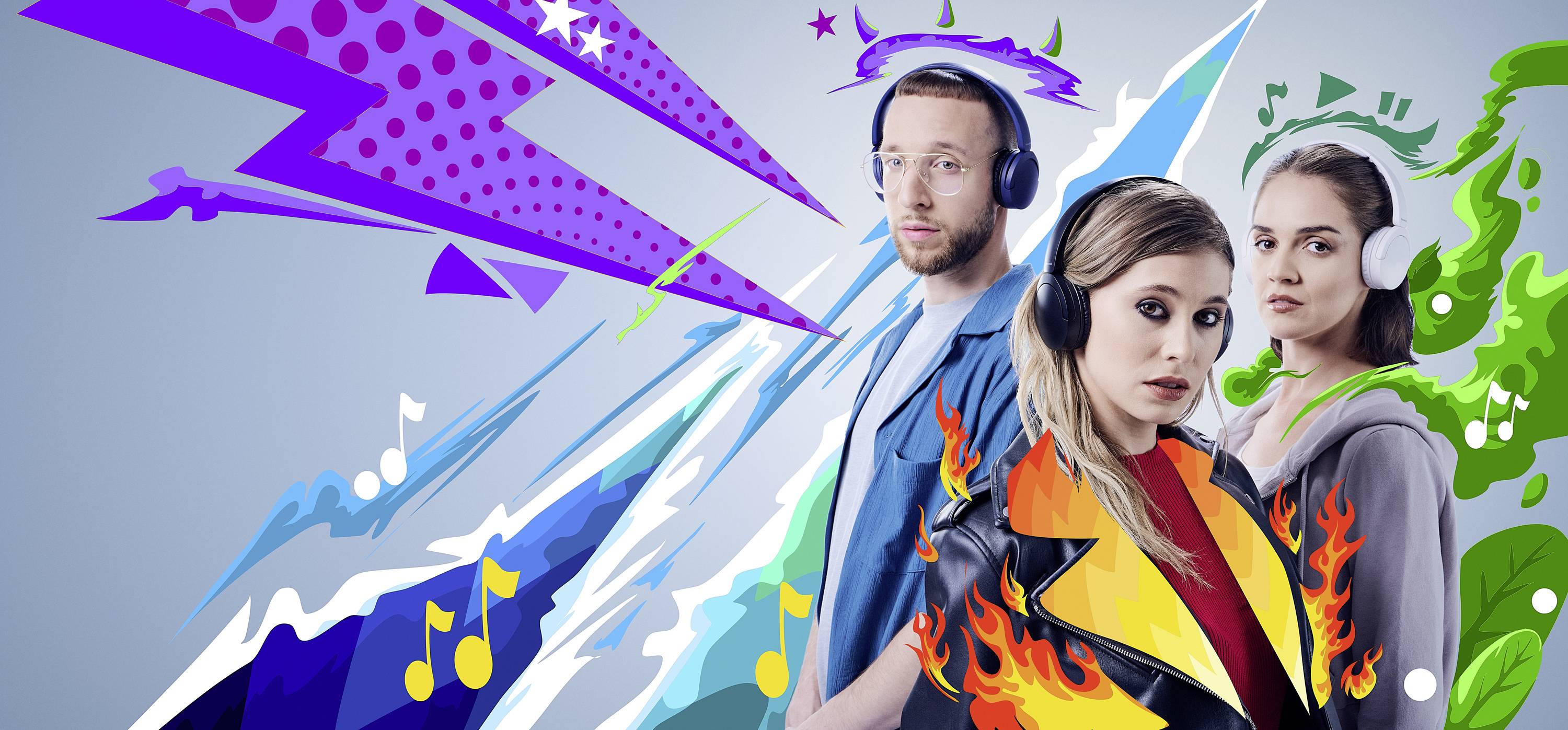 Tre personer med hörlurar, omgivna av levande, färgglada grafiska element med musiknoter och lågor, som representerar musik och energi.