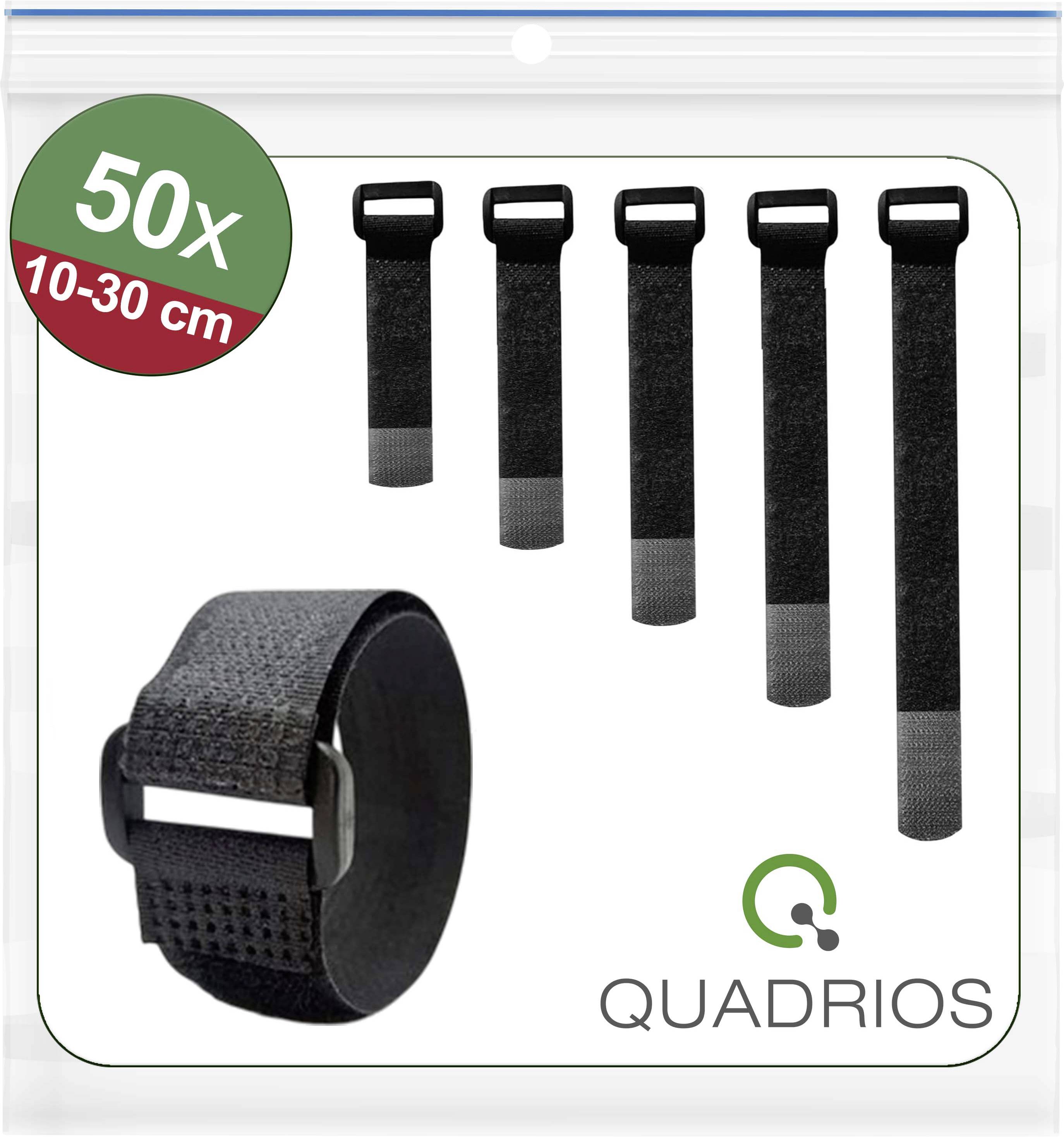'Quadrios' varumärkesbunden förpackning med 50 svarta justerbara buntband med kardborreband, var och en 10-30 cm lång, visas uppackad och i användning för kabelförankring.