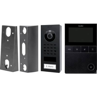 Doorbird-porttelefonsystem som visar olika komponenter, inklusive monteringsfästen och kameramodul märkt med 'S. Martin'.