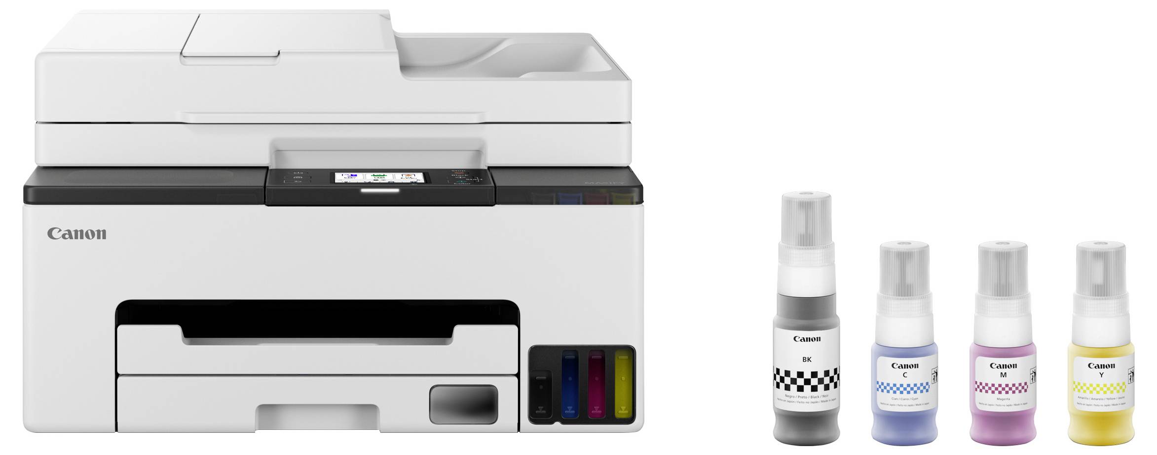 En vit Canon-skrivare med en LCD-skärm, fyra bläckflaskor i svart, cyan, magenta och gul placerade bredvid den.