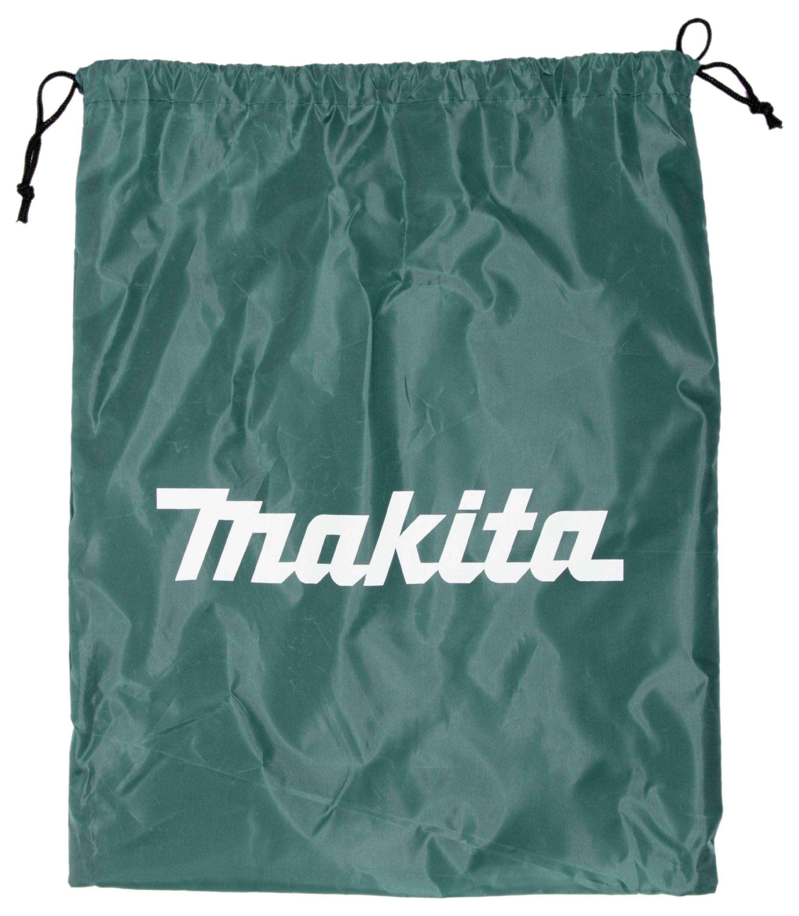 En grön dragsnörsväska med ordet 'Makita' i vit text över framsidan.