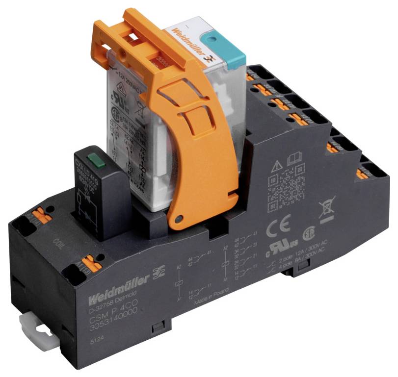 Weidmüllers relämodul med orange spak och olika anslutningspunkter, som visar elektriska kontrollkomponenter.