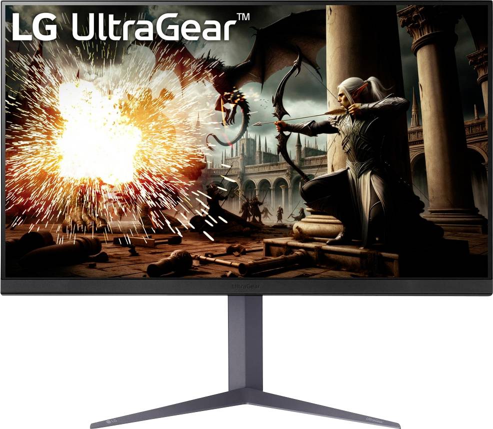 'LG UltraGear-skärm som visar en fantasyscen med en bågskytt som skjuter pilar mot en drake mitt i explosioner i en medeltida gårdsmiljö.'