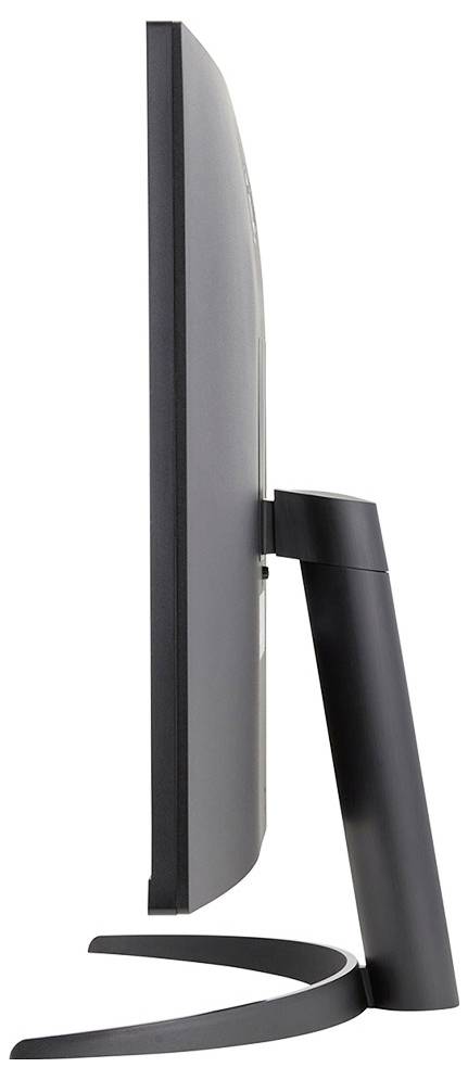 Sidovy av en smal, modern datorskärm med böjd design och ett elegant, minimalistiskt stativ.