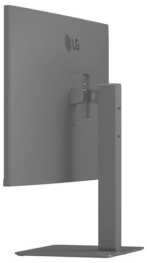 En sidovy av en LG-datorskärm på ett rektangulärt stativ, som visar baksidan och logotypen. Designen är elegant och modern.