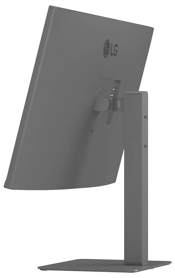 'En sidovy av en LG-datorskärm på ett stativ, som visar dess lutningsförmåga och smala profil.'