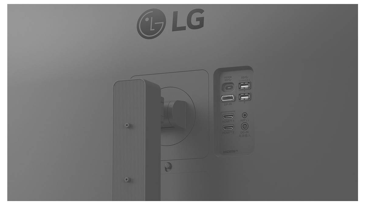 Bilden visar baksidan av en LG-skärm med olika portar, inklusive USB och HDMI, markerade.