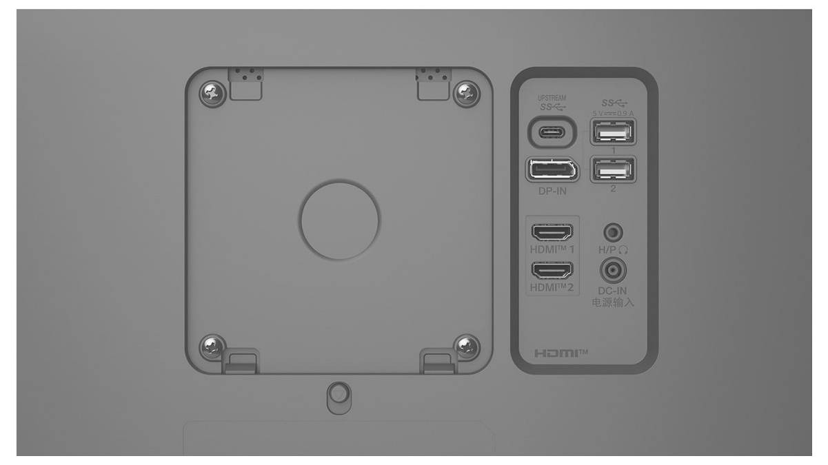 Baksidesvy av en skärm som visar flera portar: HDMI, DisplayPort, USB och strömingång, med ett monteringsfästeområde till vänster.