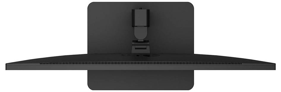 En toppvy av en svart platt skärm datorskärm med en böjd design, monterad på ett stativ.