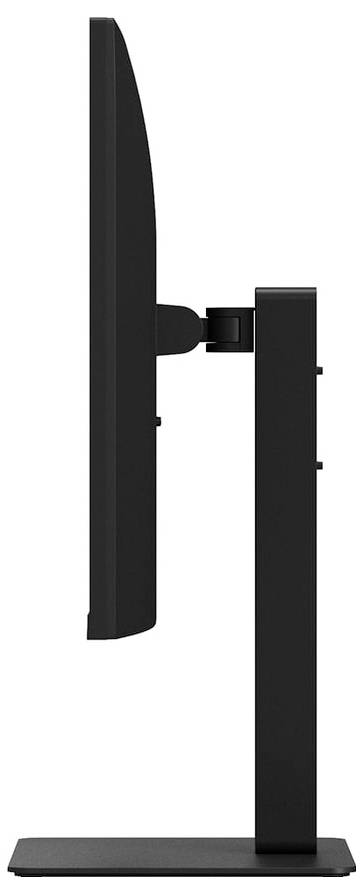 En tunn, svart, platt skärm visas från sidan och framhäver dess smala design. Den är monterad på ett stabilt rektangulärt stativ.