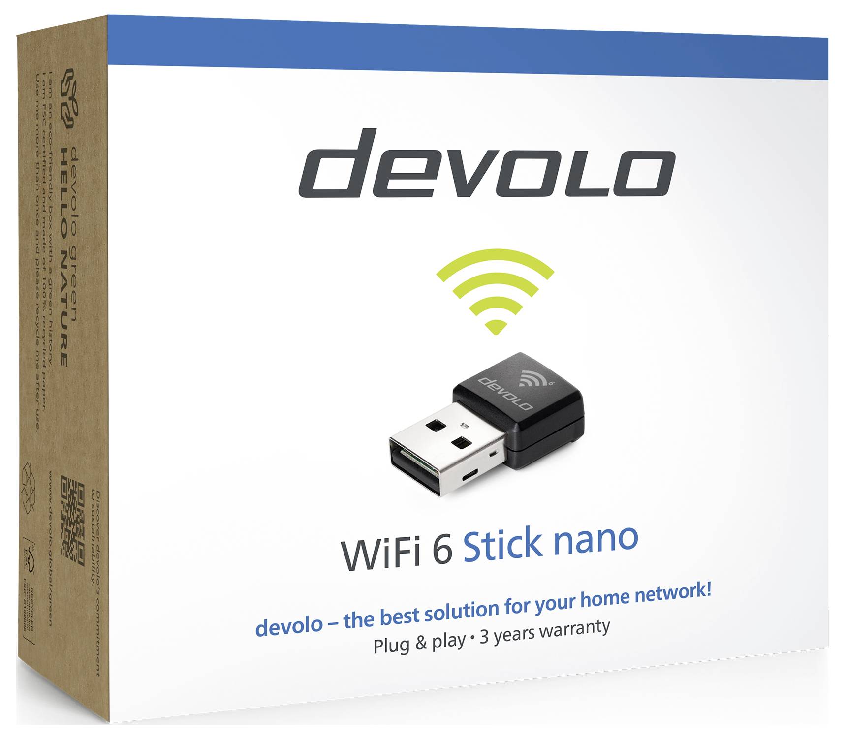 En Devolo WiFi 6 Stick Nano USB visas på lådan med texten 'WiFi 6 Stick nano' och 'Plug & play • 3 års garanti'.