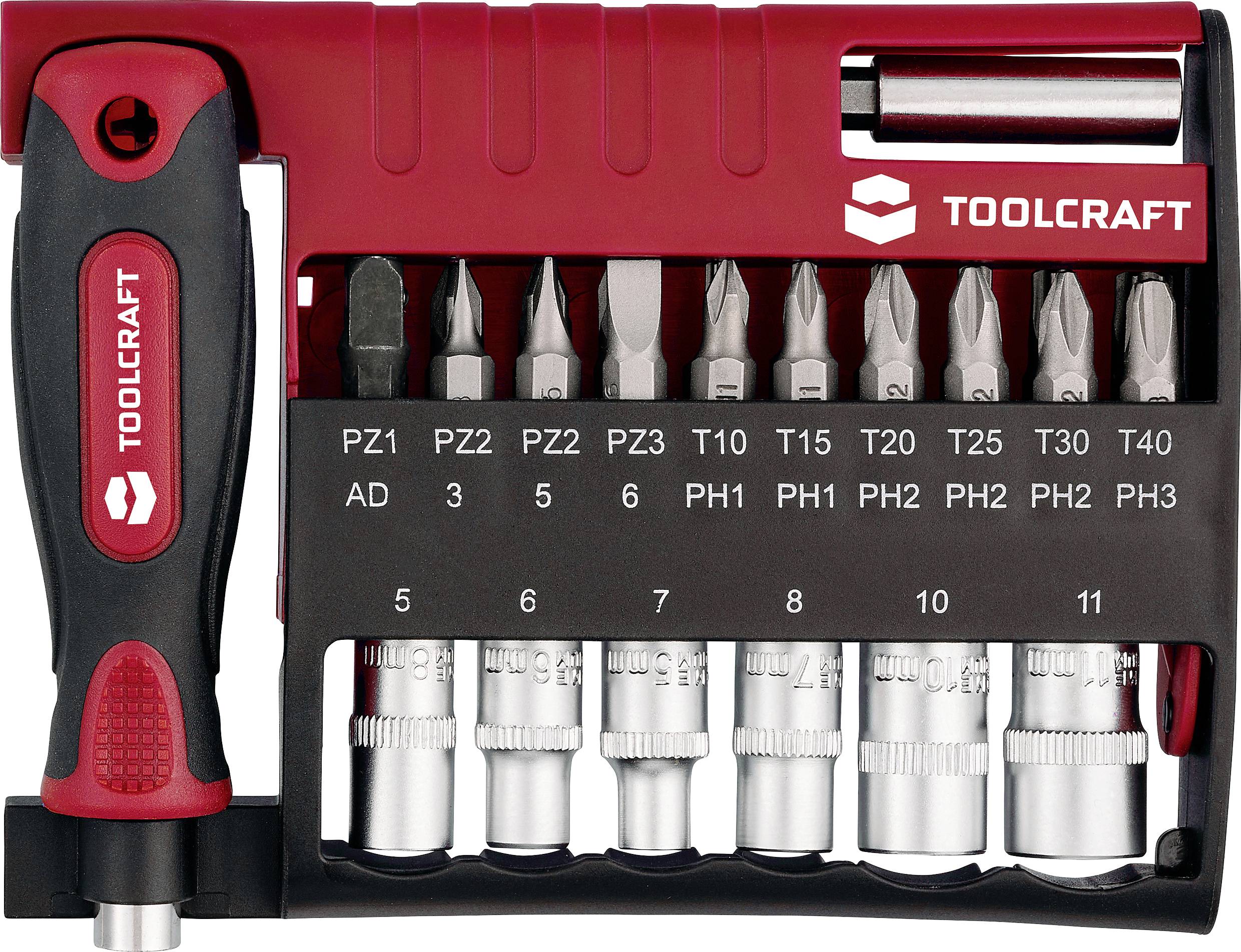En röd och svart TOOLCRAFT skruvmejselsats med olika utbytbara bits märkta PZ1, PZ2, PZ3, PH1, PH2, T10, T15, T20, T25, T30, T40.