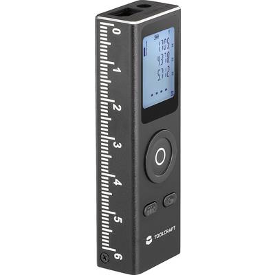En lasermätare med digital display som visar mätningar. Linjemarkeringar på sidan, knappar under displayen. Kompakt design.