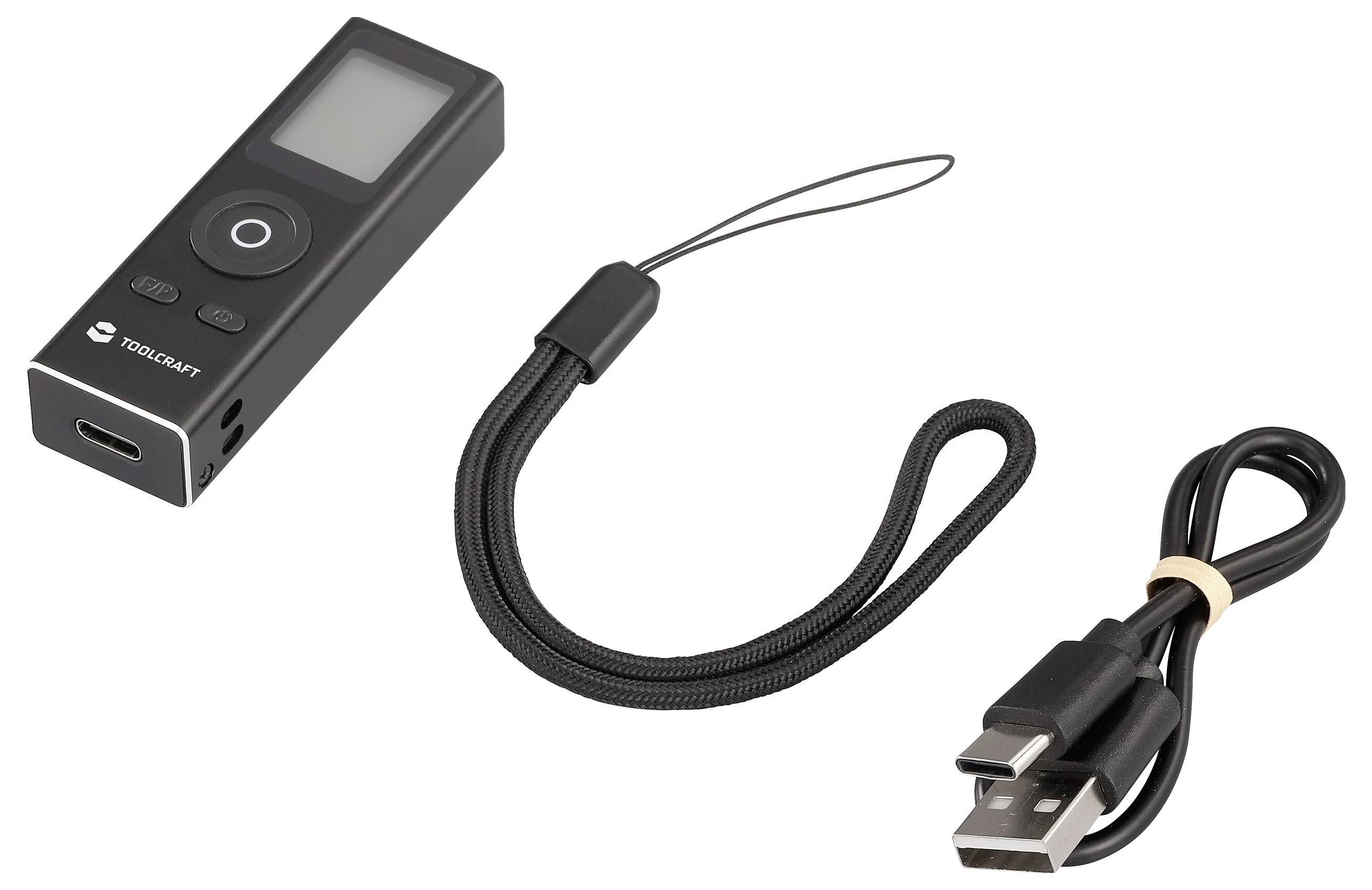 En bärbar digital röstinspelare, USB-kabel och handled är visade.