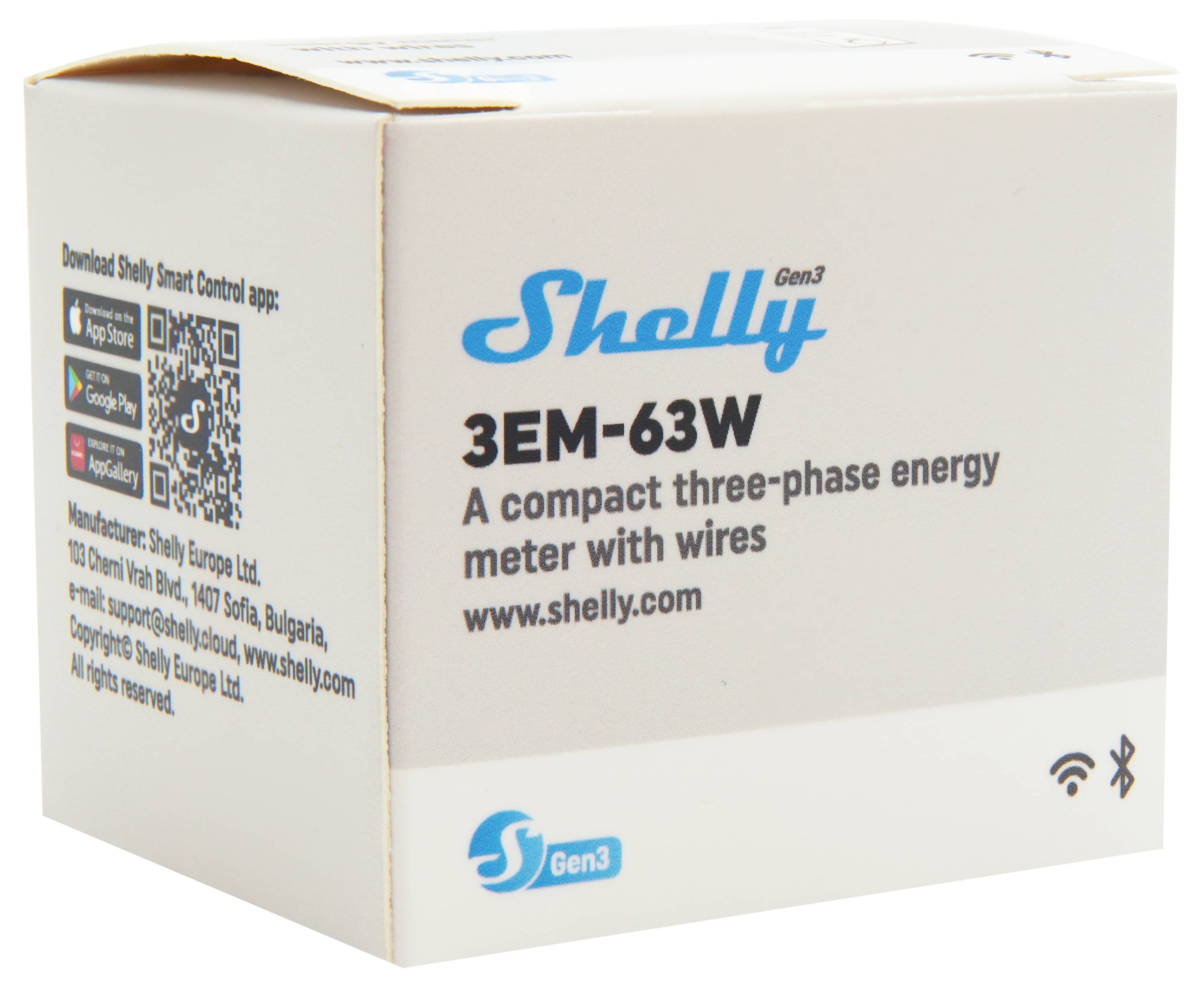 'Låda för Shelly 3EM-63W, en kompakt trefasig energimätare med ledningar. Visar QR-kod för appnedladdning och tillverkarens detaljer.'