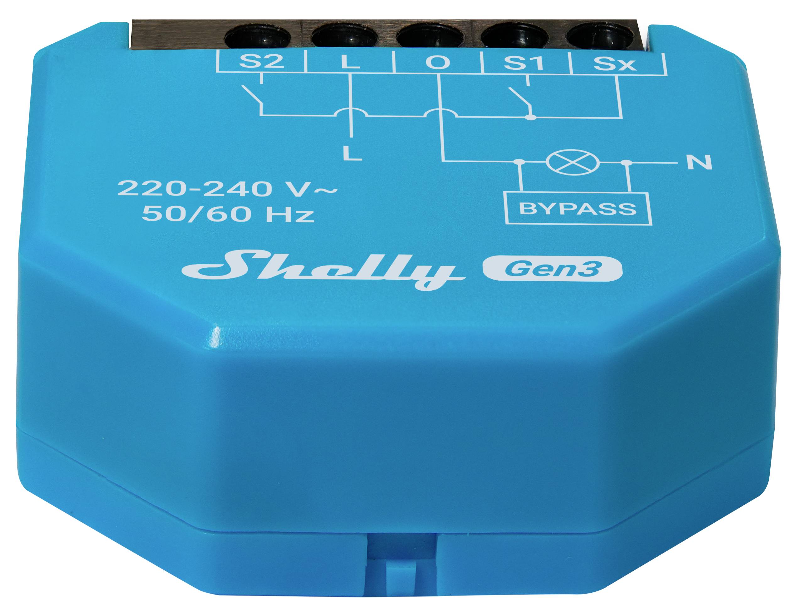 En blå Shelly Gen3 elapparat med kopplingsschema och ineffektdetaljer: '220-240 V~', '50/60 Hz'. Strömförsörjs via L- och N-terminaler.