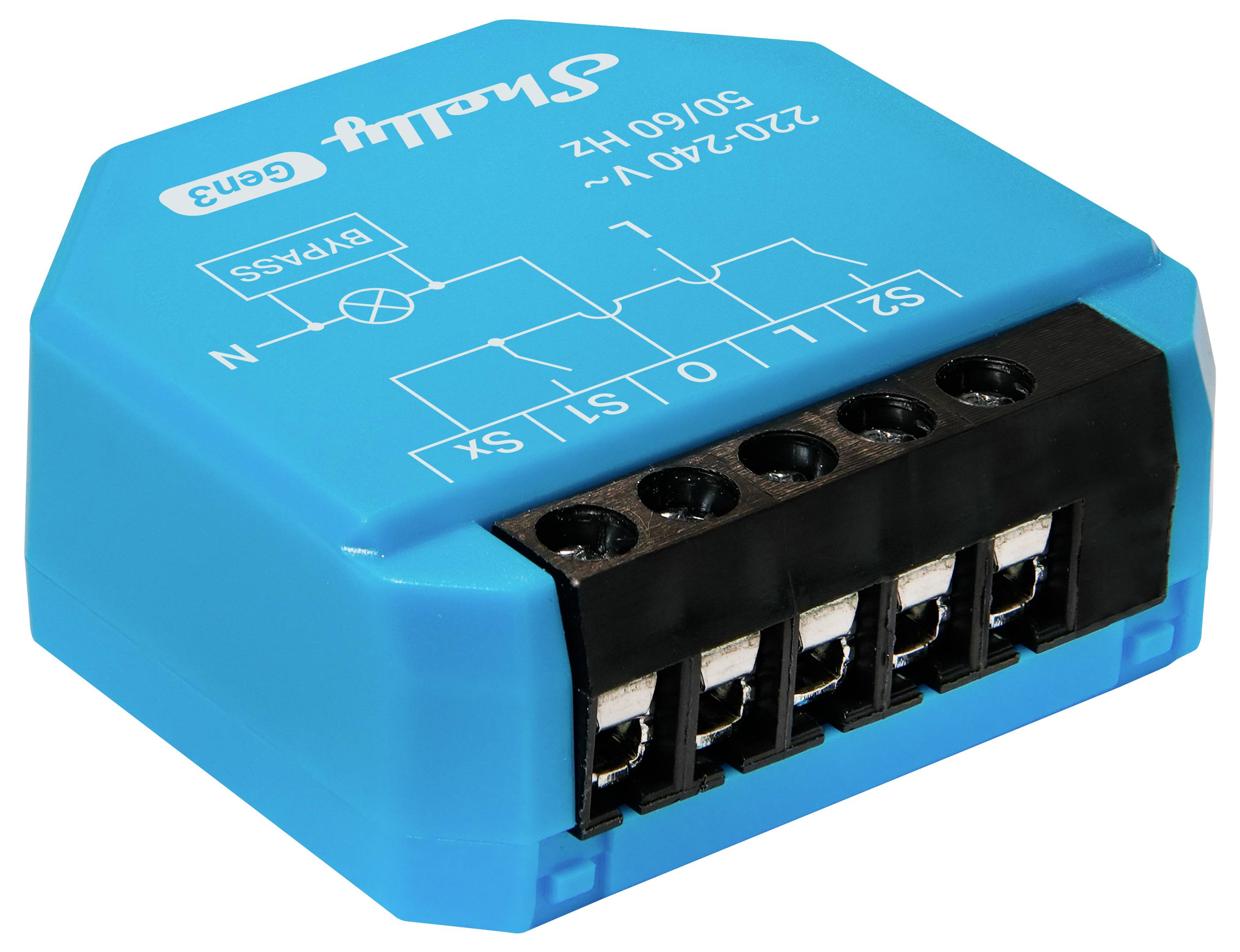 En blå elektronisk enhet med flera anslutningsportar, märkta 'S1', 'S2' och 'L'. Innehåller en kretskopplingsdiagram på dess yta.