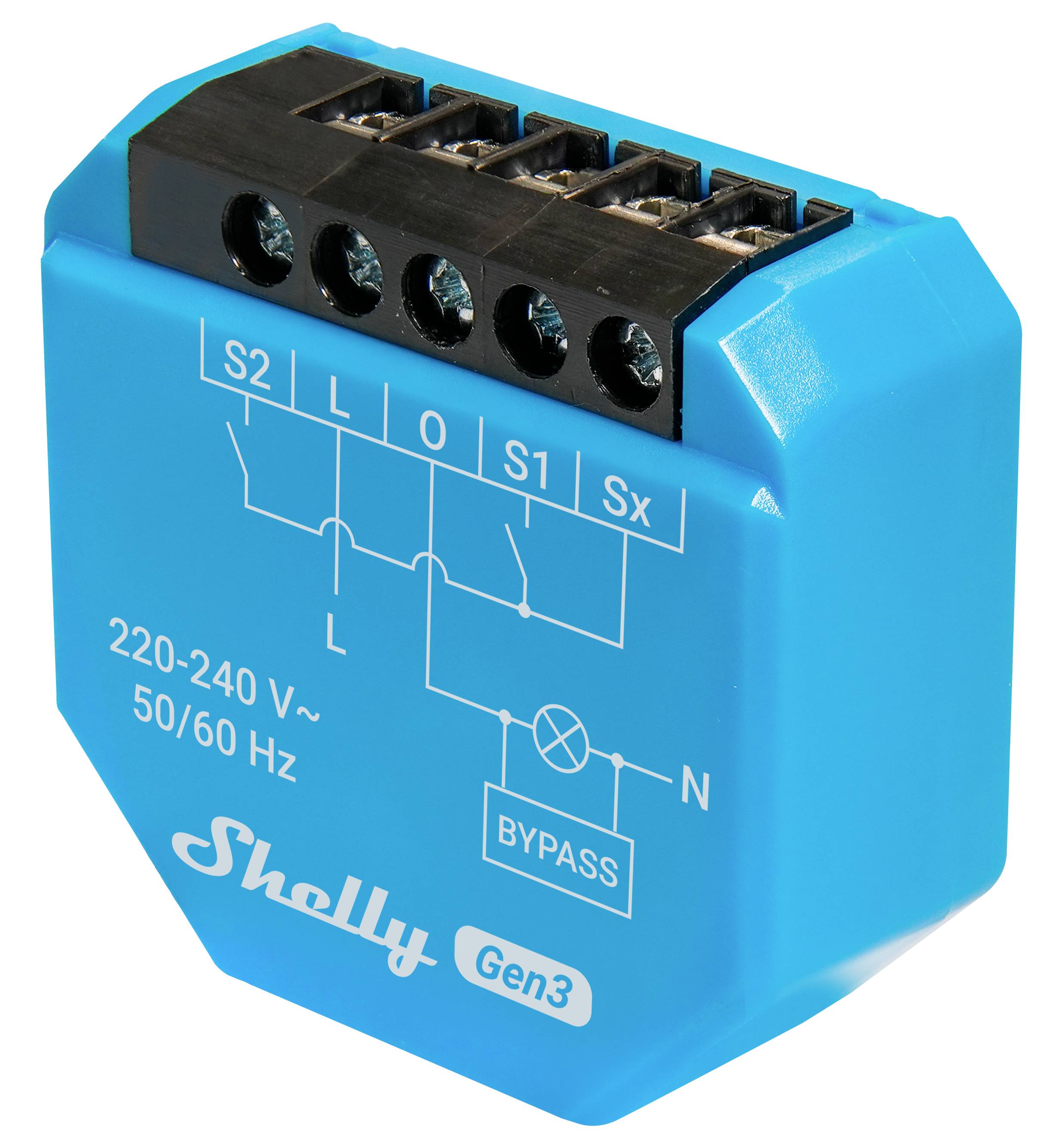 En blå Shelly Gen3 elektrisk komponent med en bypass-switch-diagram, klassad för 220-240V, 50/60Hz. Lämplig för S2, L, O, S1, Sx anslutningar.