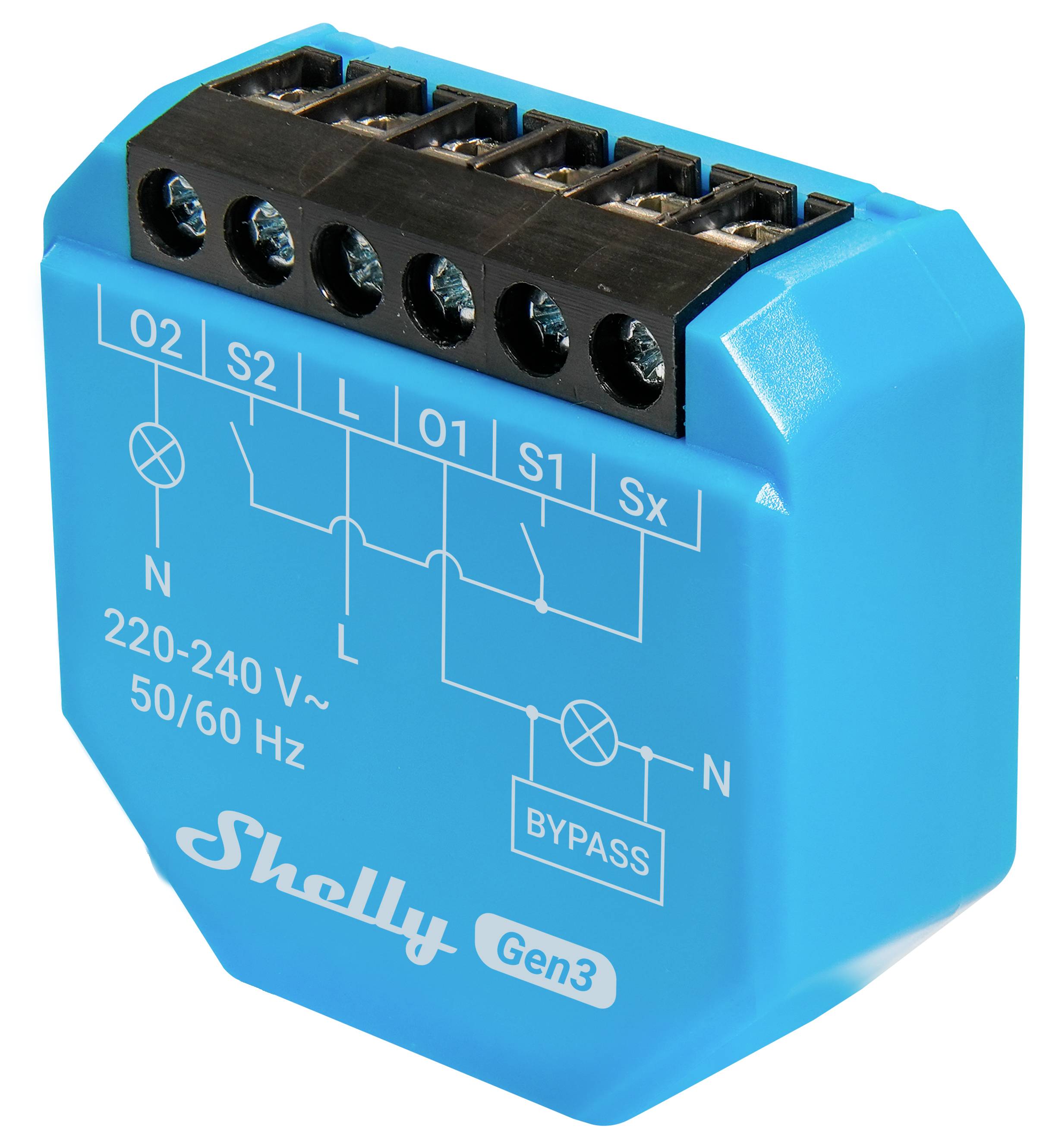 En blå Shelly Gen3 reläenhet med kopplingsschema och märkta terminaler för S1, S2, O1, O2 och andra, visad på dess framsida.
