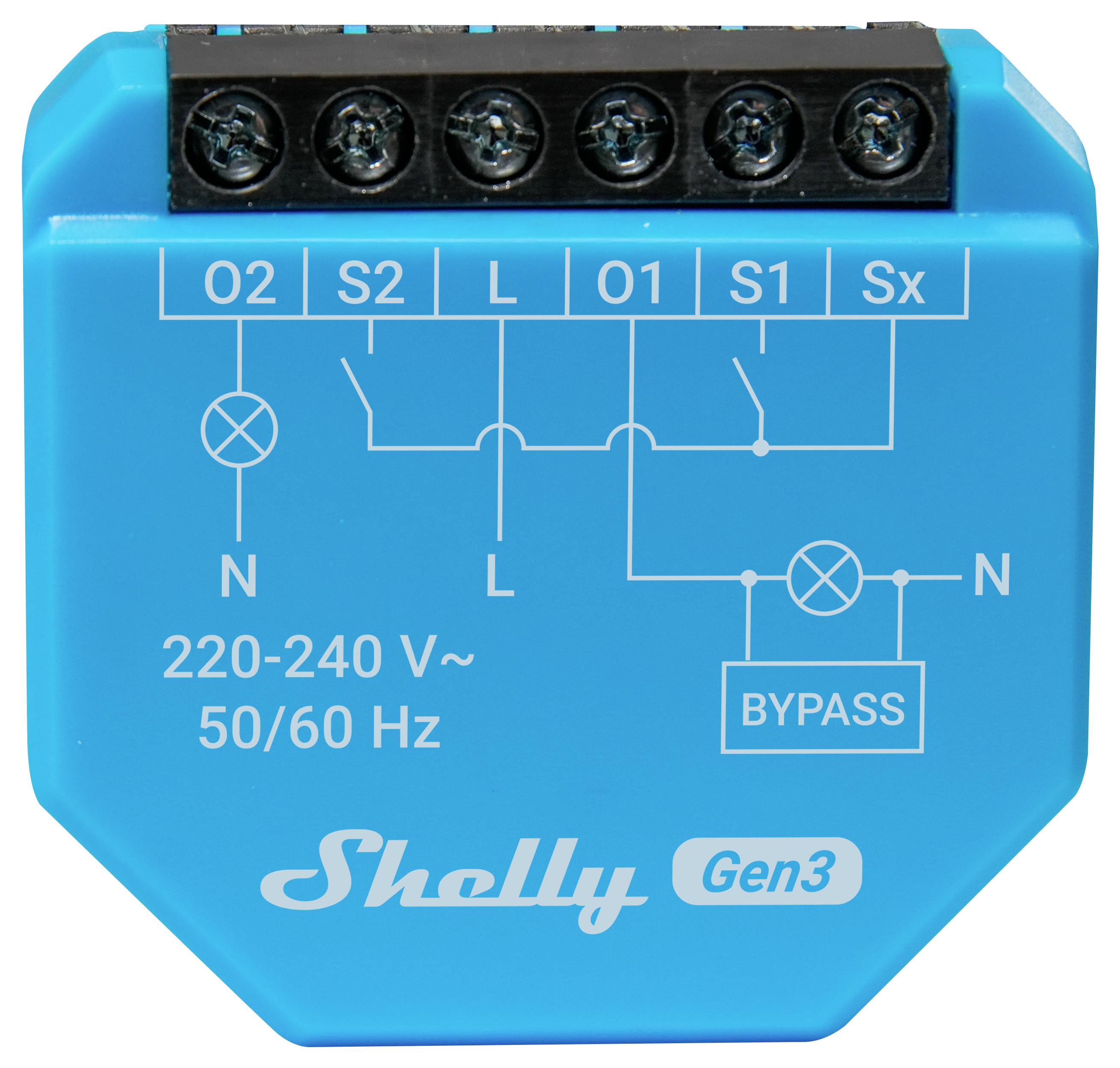 Blå elektrisk kopplingsschema för Shelly Gen3. Etiketter: O2, S2, L, O1, S1, Sx. Spänning: '220-240 V~ 50/60 Hz'.