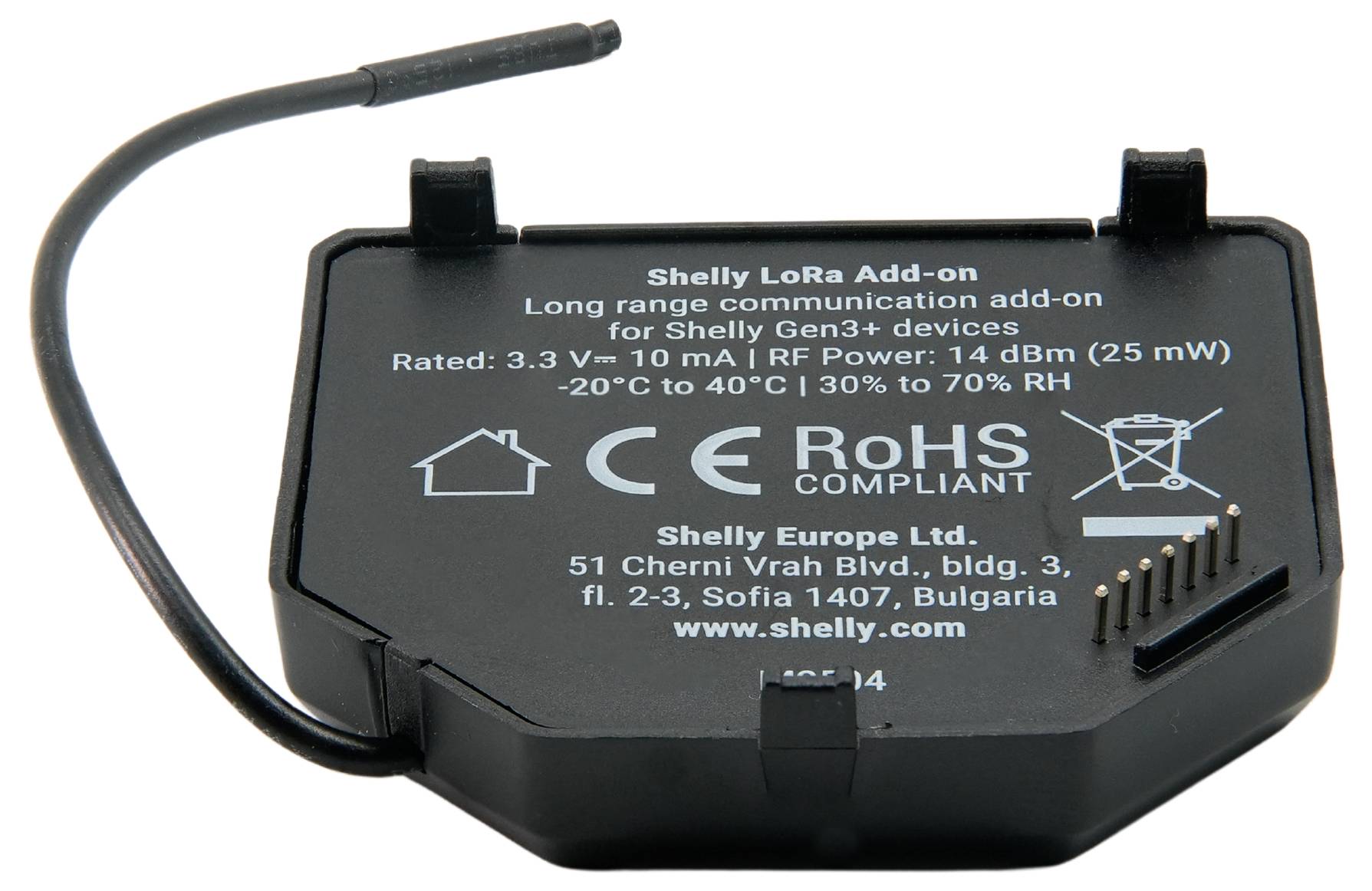 'Shelly LoRa Add-on, långdistanskommunikationsmodul för Shelly Gen3+ enheter. Märkt 3,3V till 10mA, RF-effekt: 14 dBm (25 mW), -20°C till 40°C, 30% till 70% relativ luftfuktighet. CE- och RoHS-kompatibel.'