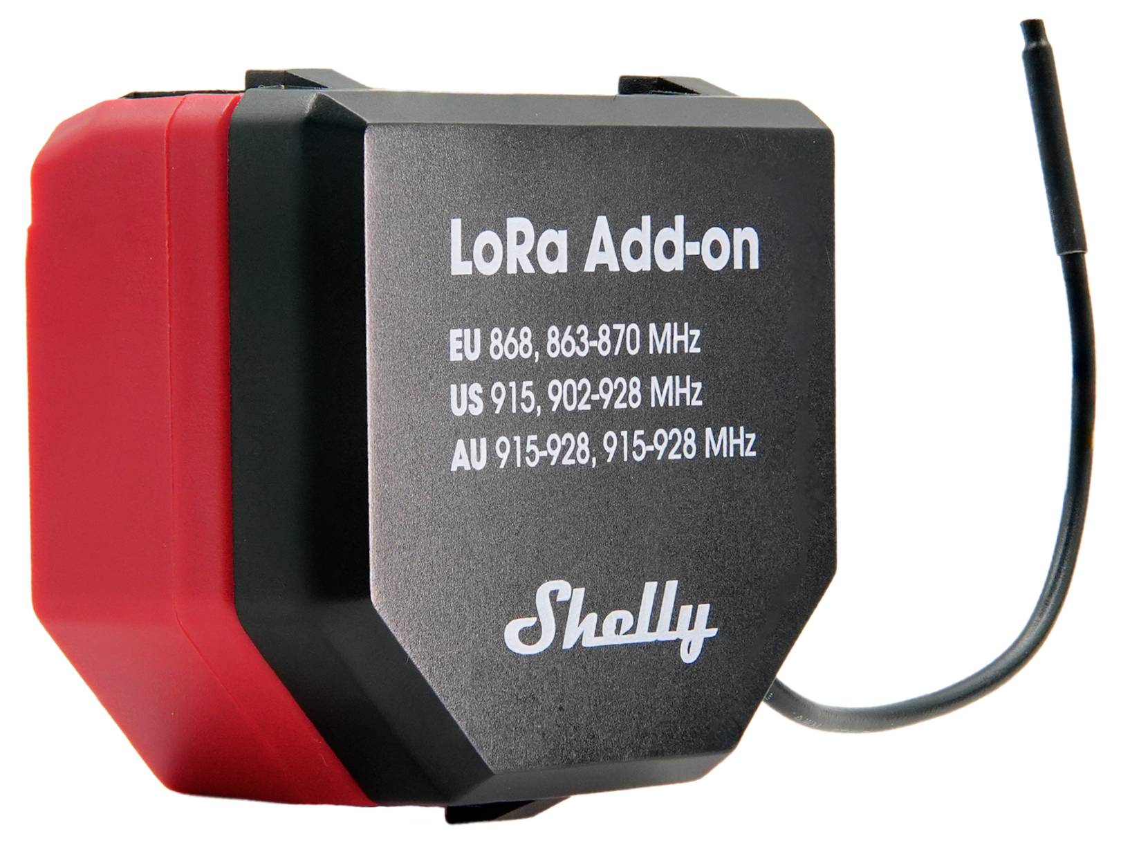LoRa Add-on enhet med bandfrekvenser: EU 868, 863-870 MHz; US 915, 902-928 MHz; AU 915-928, 915-928 MHz, märkt 'Shelly'.