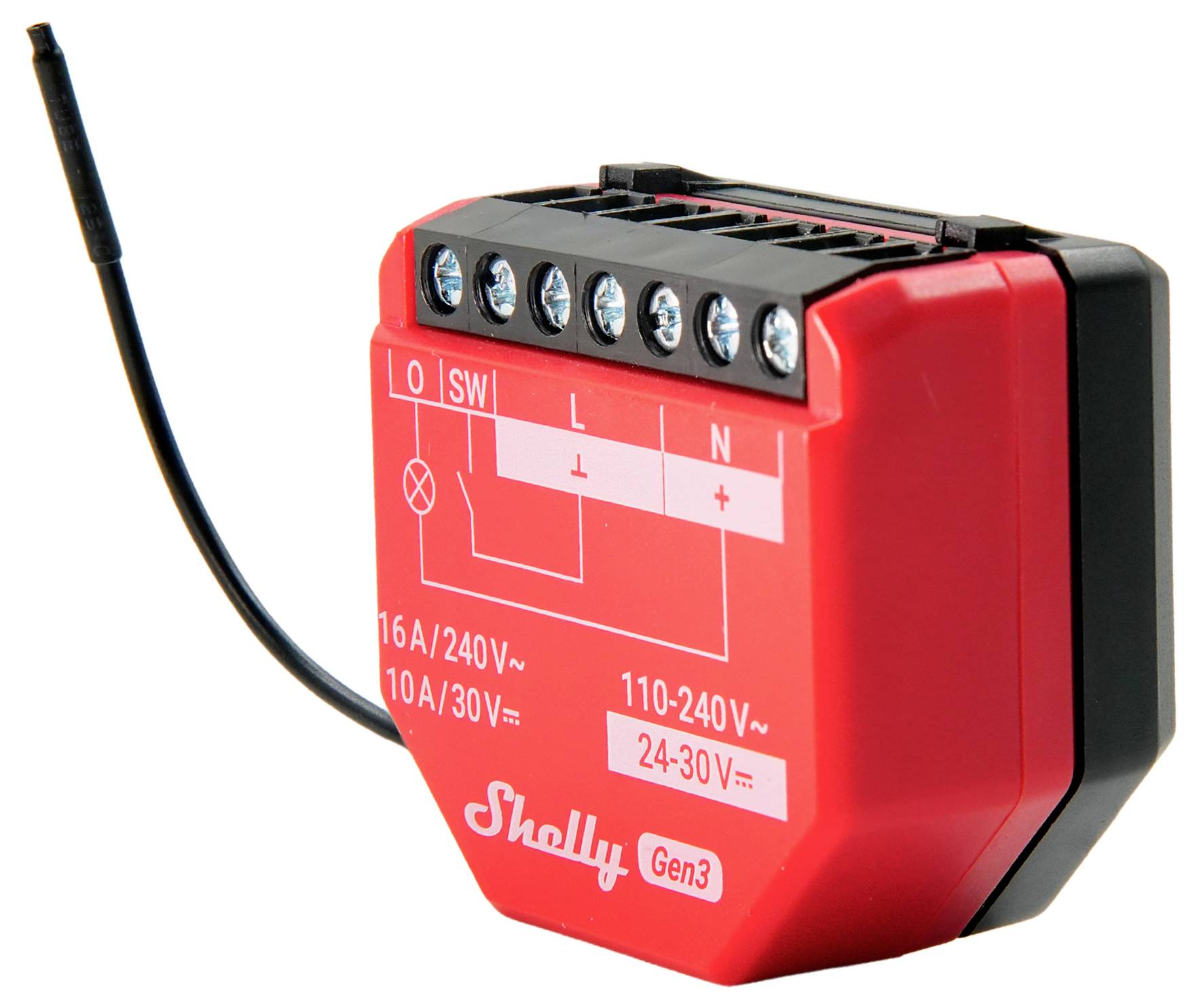 En röd Shelly Gen 3 smart relämodul med märkta ingångs-/utgångsterminaler för elektriska anslutningar, avsedd för automationsuppgifter.