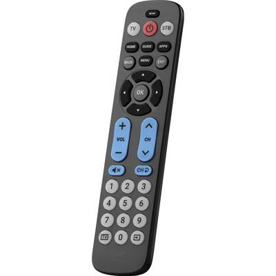 En svart TV-fjärrkontroll med knappar för ström, volym, kanal, hem, guide, appar, meny och siffror. Blå volym- och kanalknappar.
