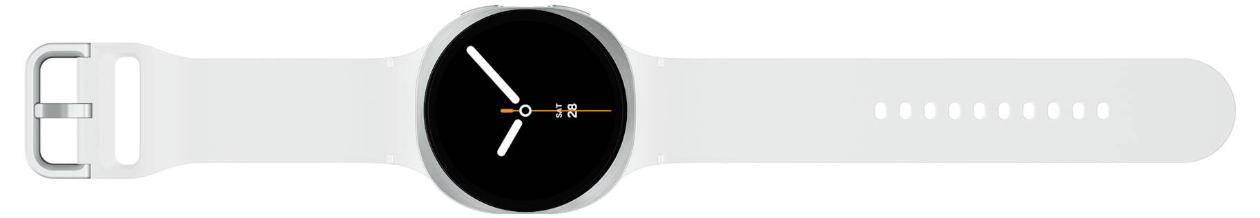 En vit smartwatch med ett svart cirkulärt urtavla som visar minimalistiska vita visare och en orange markör.