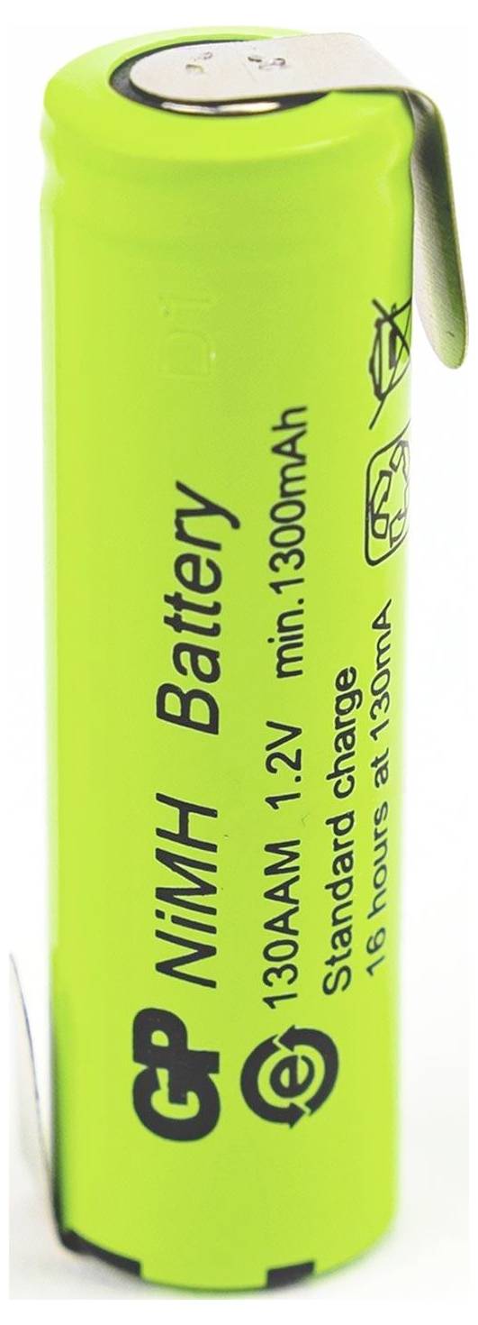 Ett grönt cylindriskt NiMH-batteri med texten 'GP Battery 1300mAh, 1.2V' och symboler som anger standardladdningsriktningar.