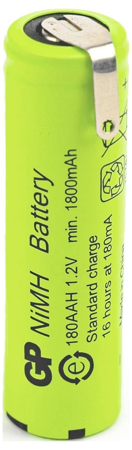 Ett grönt AA-format NiMH-batteri med metallkontakter är märkt 'GP NiMH Battery' med en kapacitet på '1800mAh' och spänning '1.2V'.