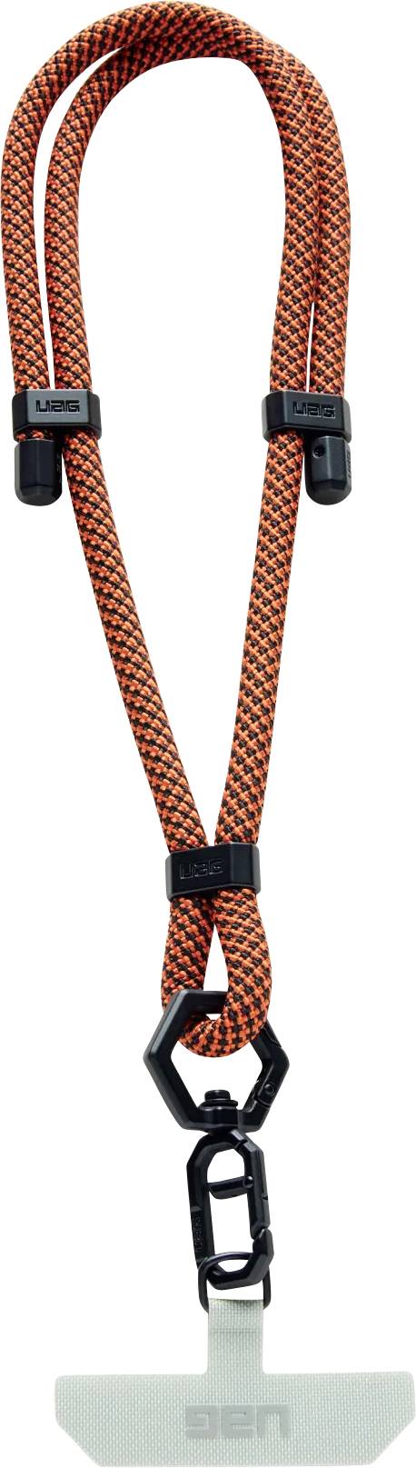Orange och svart säkerhetslanyard med säkra karbinhakar och en svivel krok längst ner, avsedd för klättring eller industriell användning.