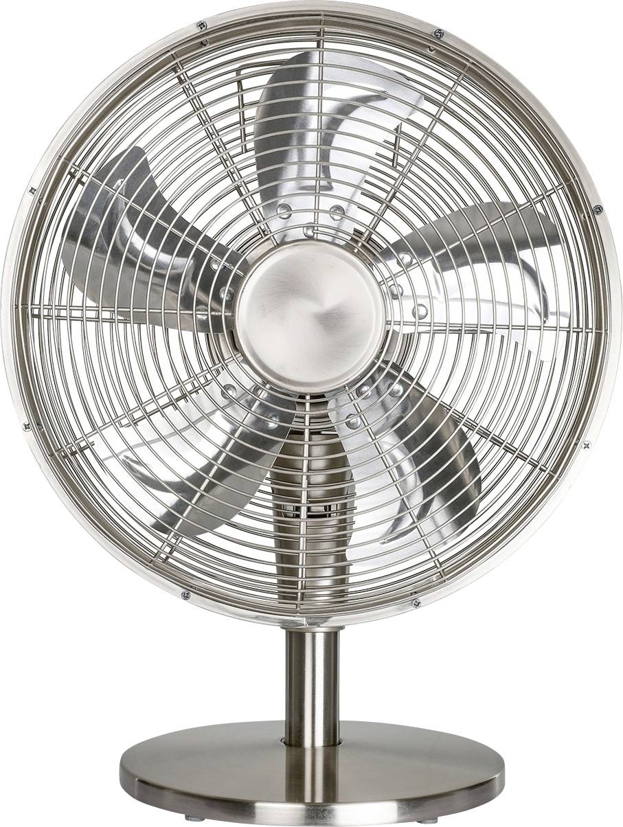 En metallisk skrivbordsfläkt med fem blad, innesluten i en trådkorg. Fläkten står stilla på en rund bas, mot en enkel bakgrund.