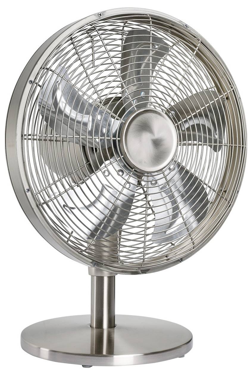 En metallisk bordsfläkt med fem blad, inbyggd i ett trådgaller, stående på en rund bas.