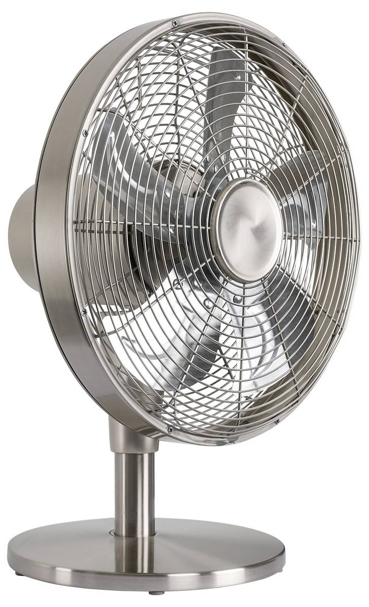 En oscillerande fläkt i silver metall med cirkulär bas och skyddsgaller, lämplig för bordsskiveanvändning.