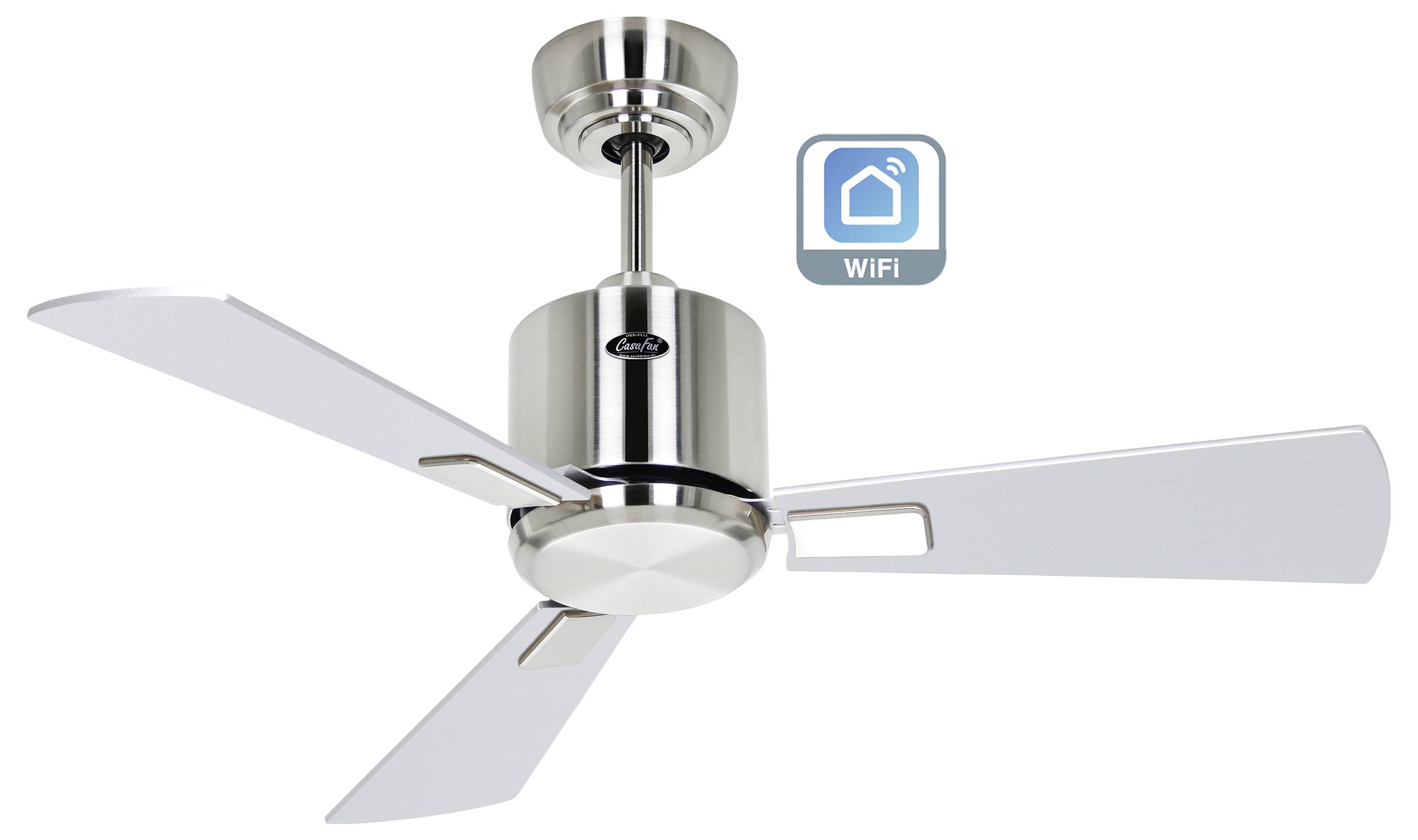 Modern vit takfläkt med tre blad, borstad metallfinish, Wi-Fi-aktiverad, med en smart hem-anslutningsikon.