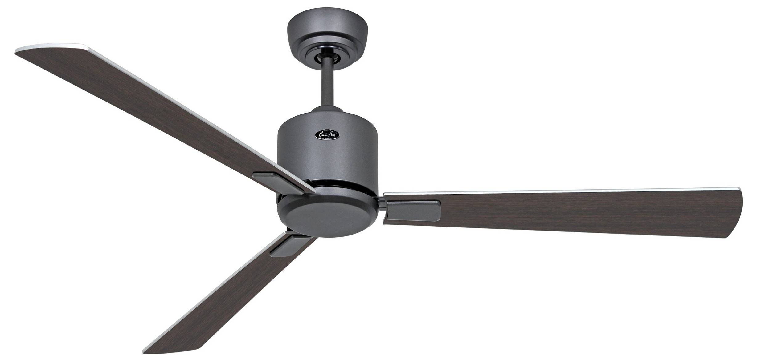 En takfläkt med tre eleganta, mörkbruna blad och metallisk finish på motorhuset, designad för moderna inredningar.