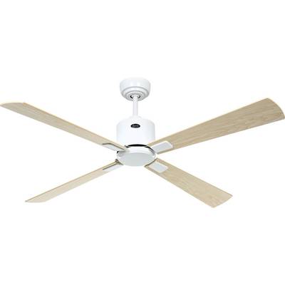En vit takfläkt med fyra ljusa träblad; enkel, modern design.